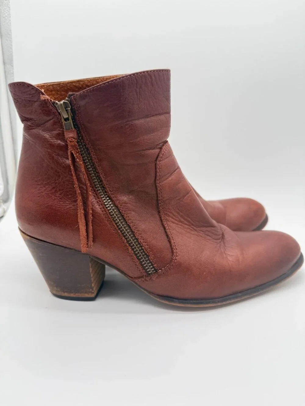 Women's Brown Leather Ankle Boots Block Heel Moto Boho Quiet Luxury w10 3964